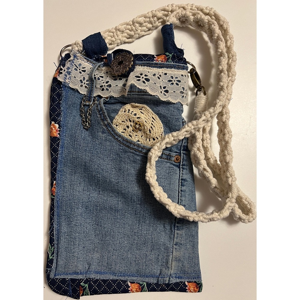 Upcycled Denim Crossbody Bag Floral Trim Lace Detail Handmade Purse